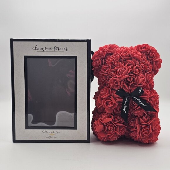Always And Forever Faux Rose Flower Bear Figure Valentines Day Gift Red 9 in - Picture 1 of 11